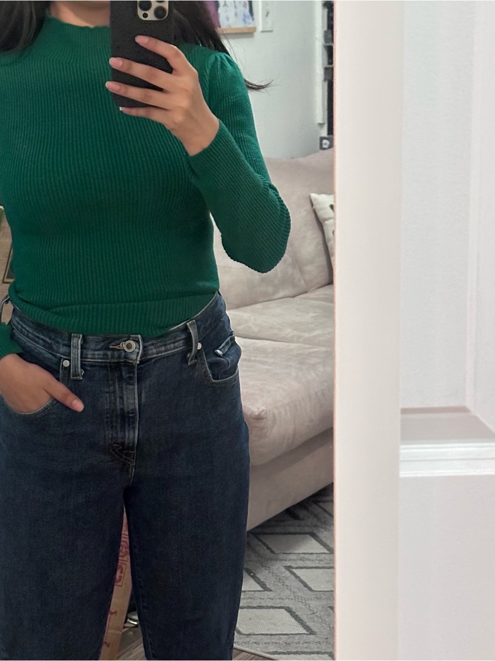 Slim Ribbed High-Rise Top in Emerald Green